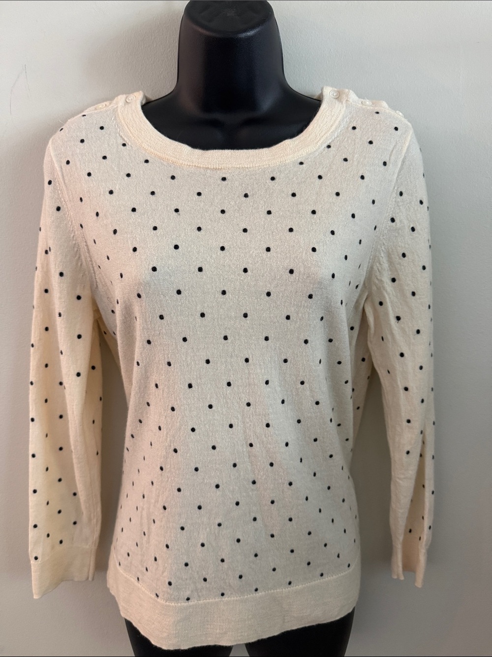 J. Crew Cream Crewneck Sweater with Black Polka Dots 100% Wool Size Large